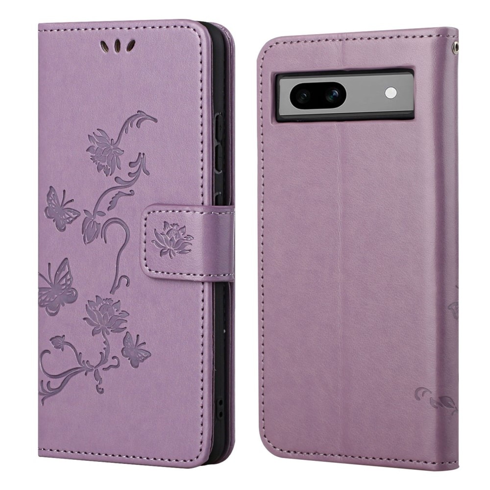 Google Pixel 8a Leather Cover Imprinted Butterflies Purple
