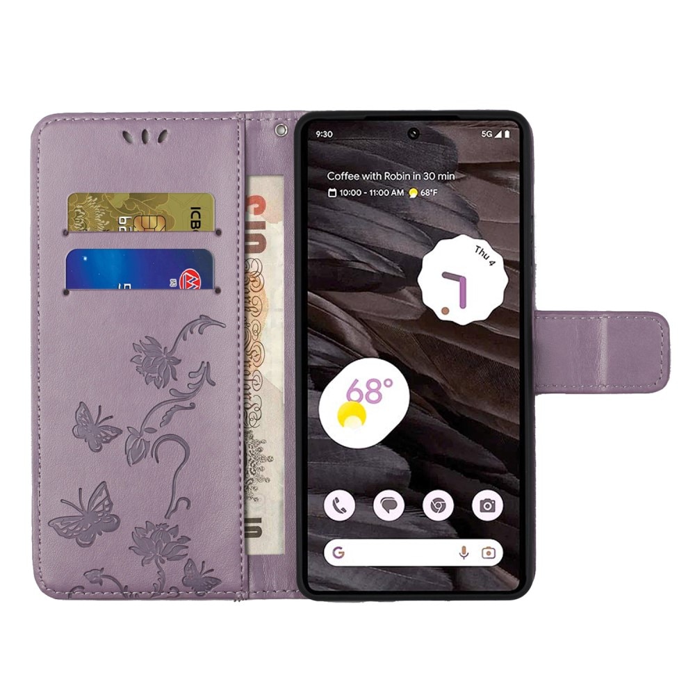 Google Pixel 8a Leather Cover Imprinted Butterflies Purple
