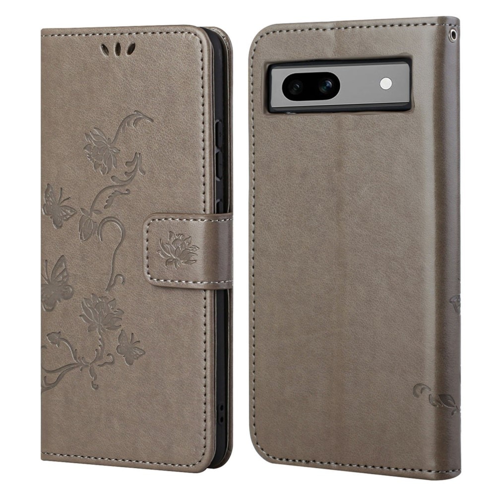 Google Pixel 8a Leather Cover Imprinted Butterflies Grey
