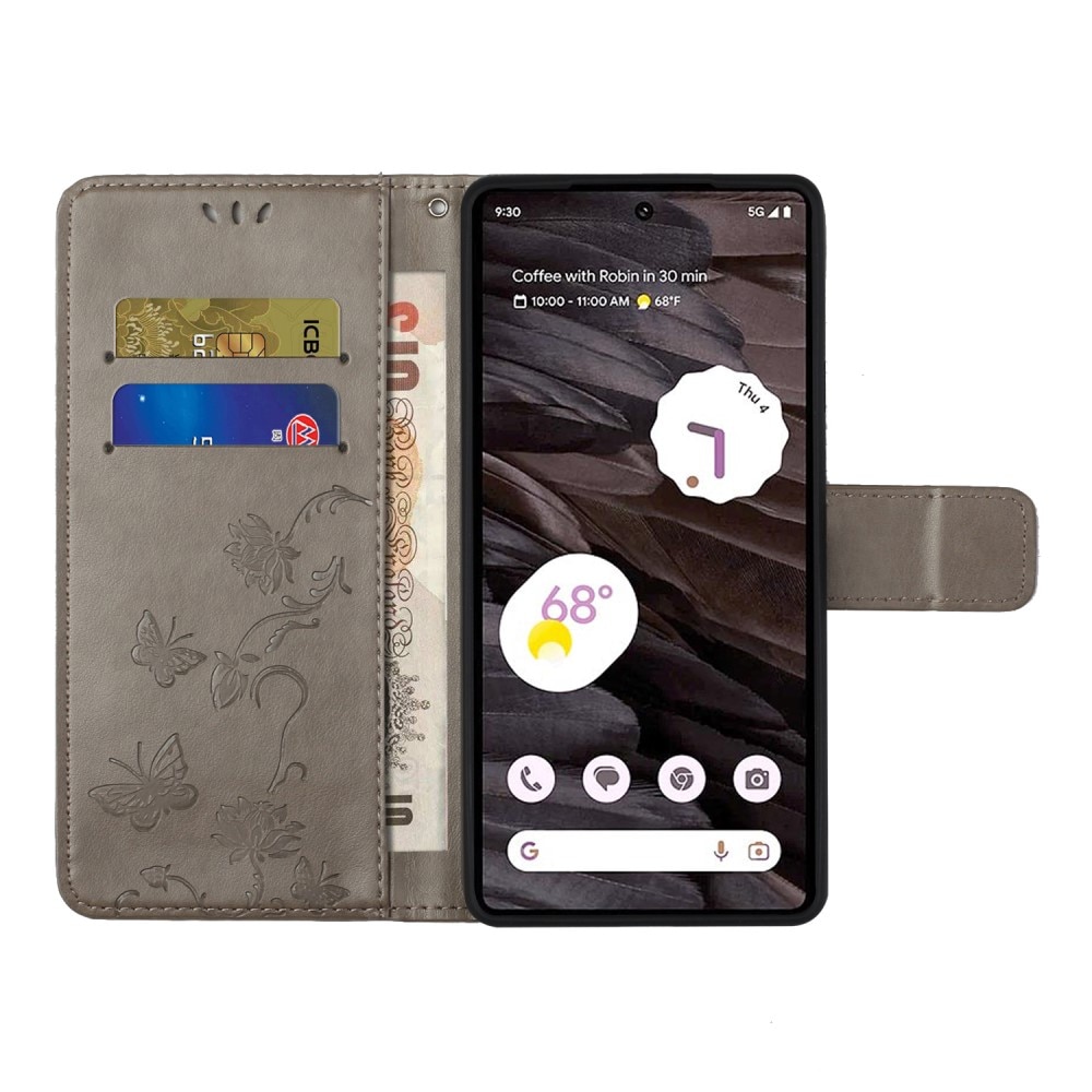 Google Pixel 8a Leather Cover Imprinted Butterflies Grey