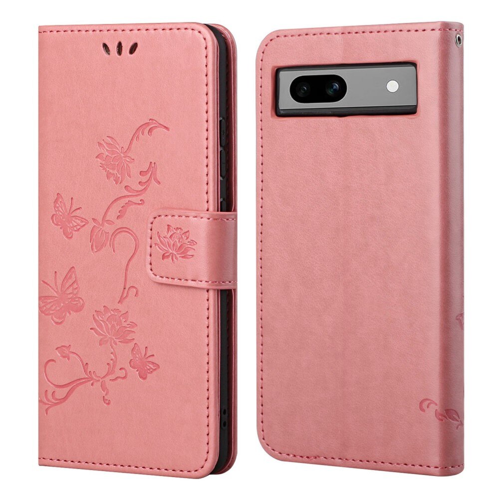 Google Pixel 8a Leather Cover Imprinted Butterflies Pink