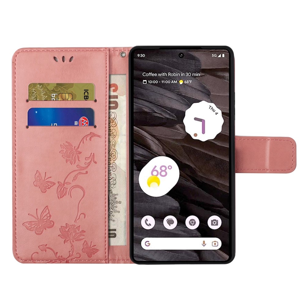 Google Pixel 8a Leather Cover Imprinted Butterflies Pink