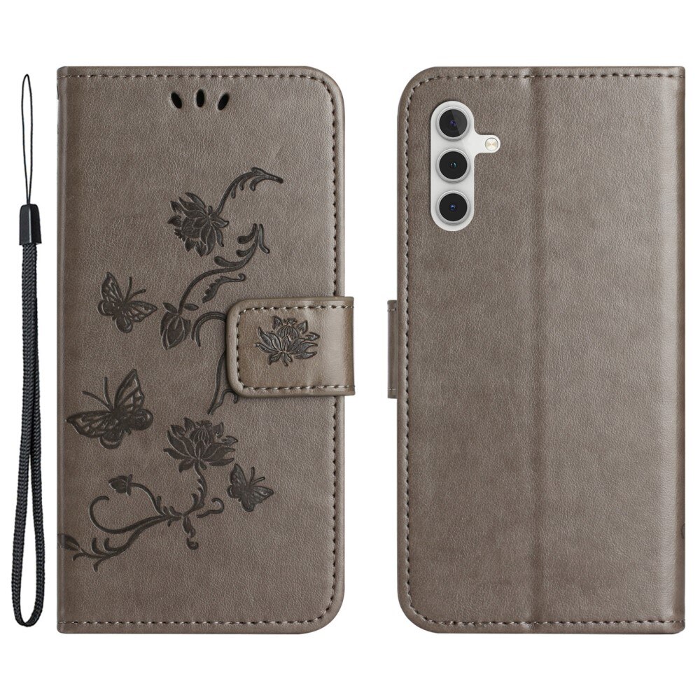 Samsung Galaxy A35 Leather Cover Imprinted Butterflies Grey