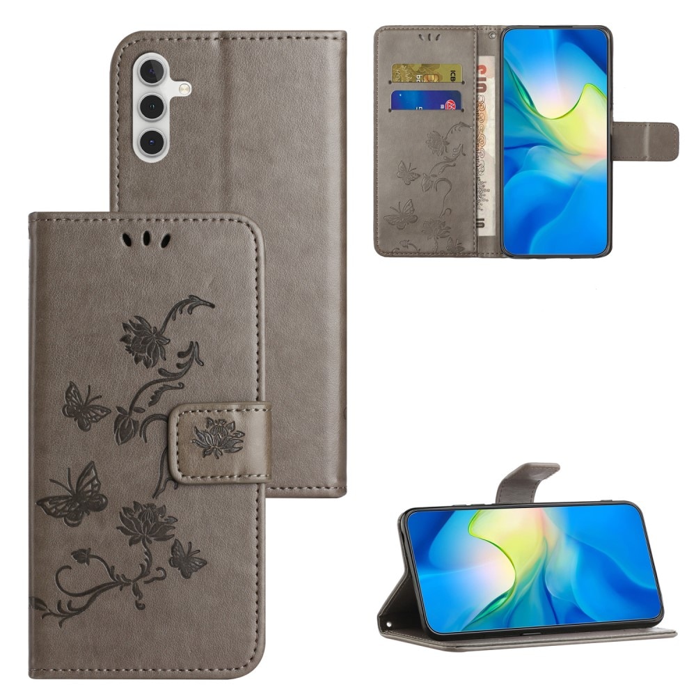 Samsung Galaxy A35 Leather Cover Imprinted Butterflies Grey