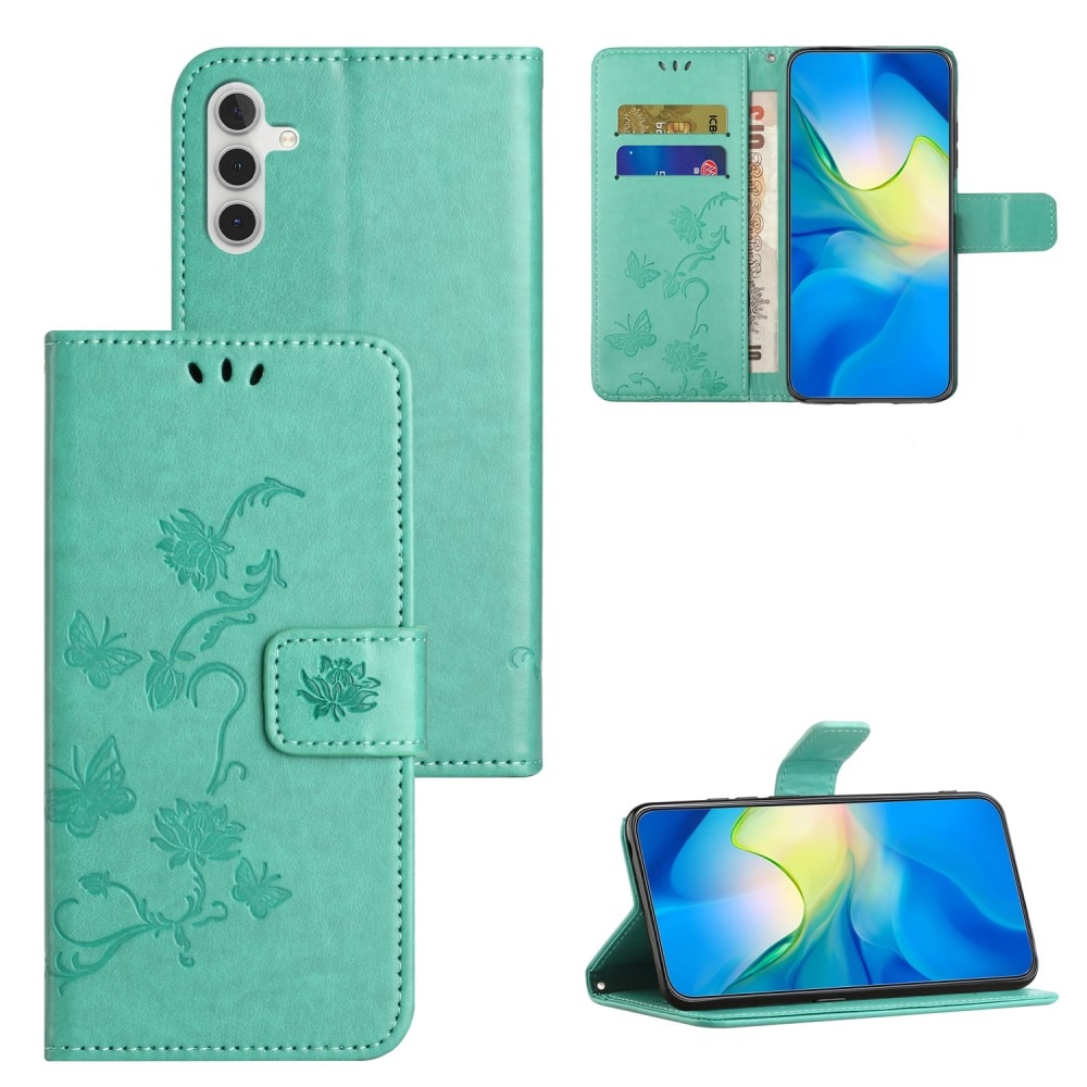 Samsung Galaxy A35 Leather Cover Imprinted Butterflies Green