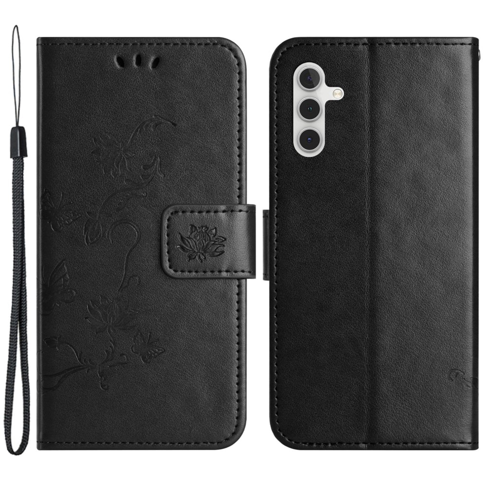 Samsung Galaxy A55 Leather Cover Imprinted Butterflies Black