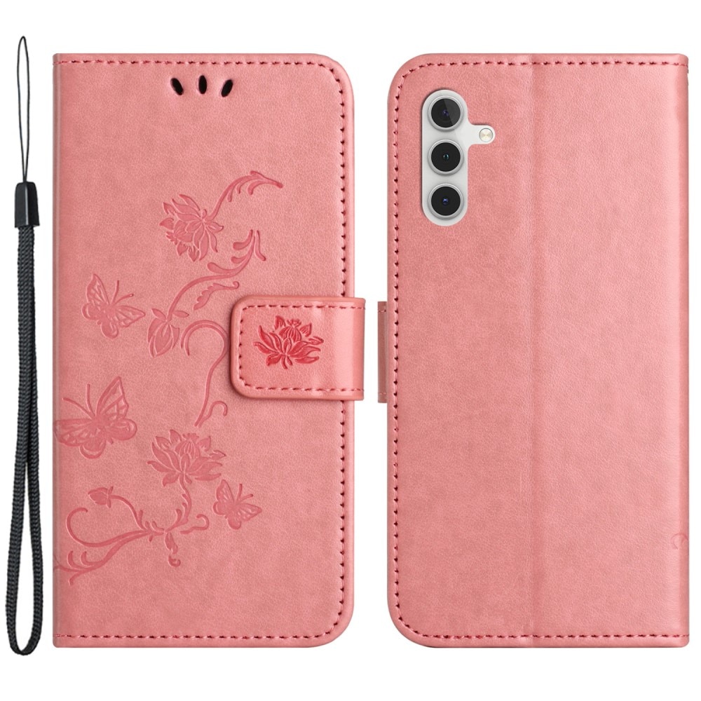 Samsung Galaxy A55 Leather Cover Imprinted Butterflies Pink