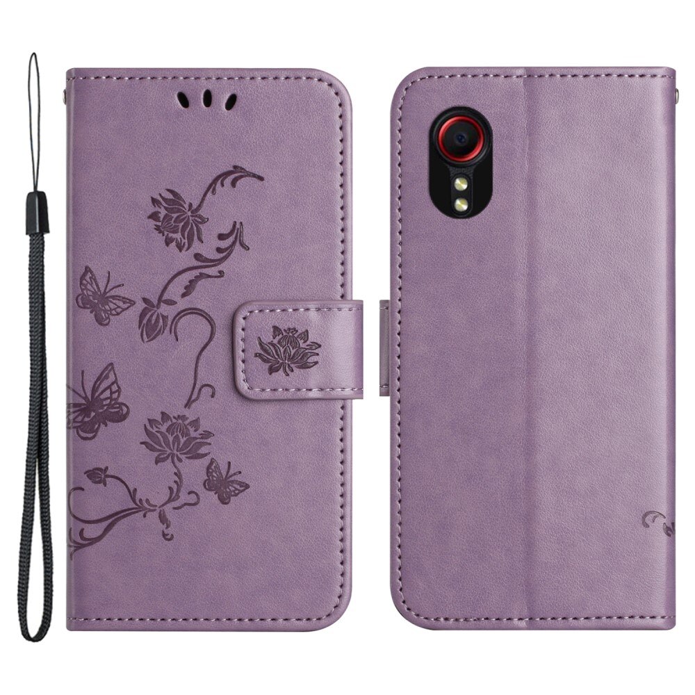 Samsung Galaxy Xcover 7 Leather Cover Imprinted Butterflies Purple