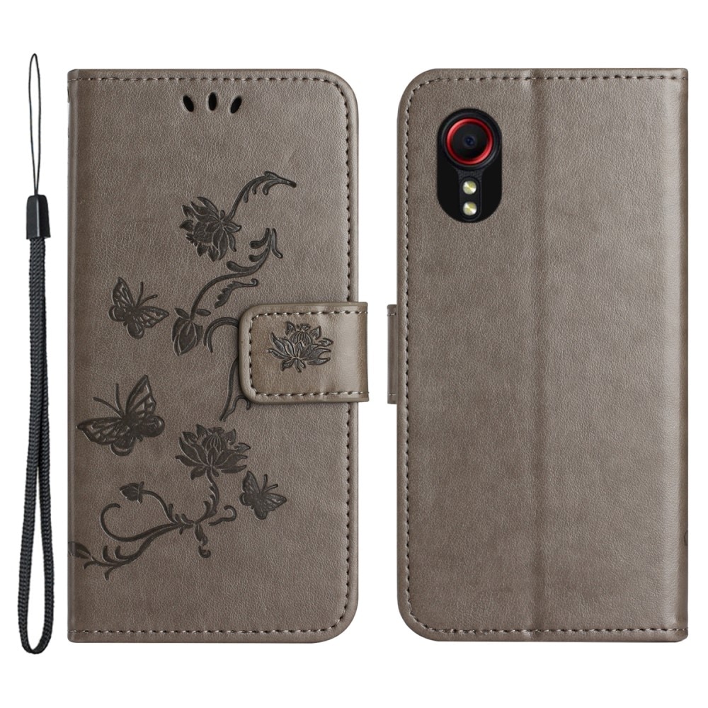 Samsung Galaxy Xcover 7 Leather Cover Imprinted Butterflies Grey