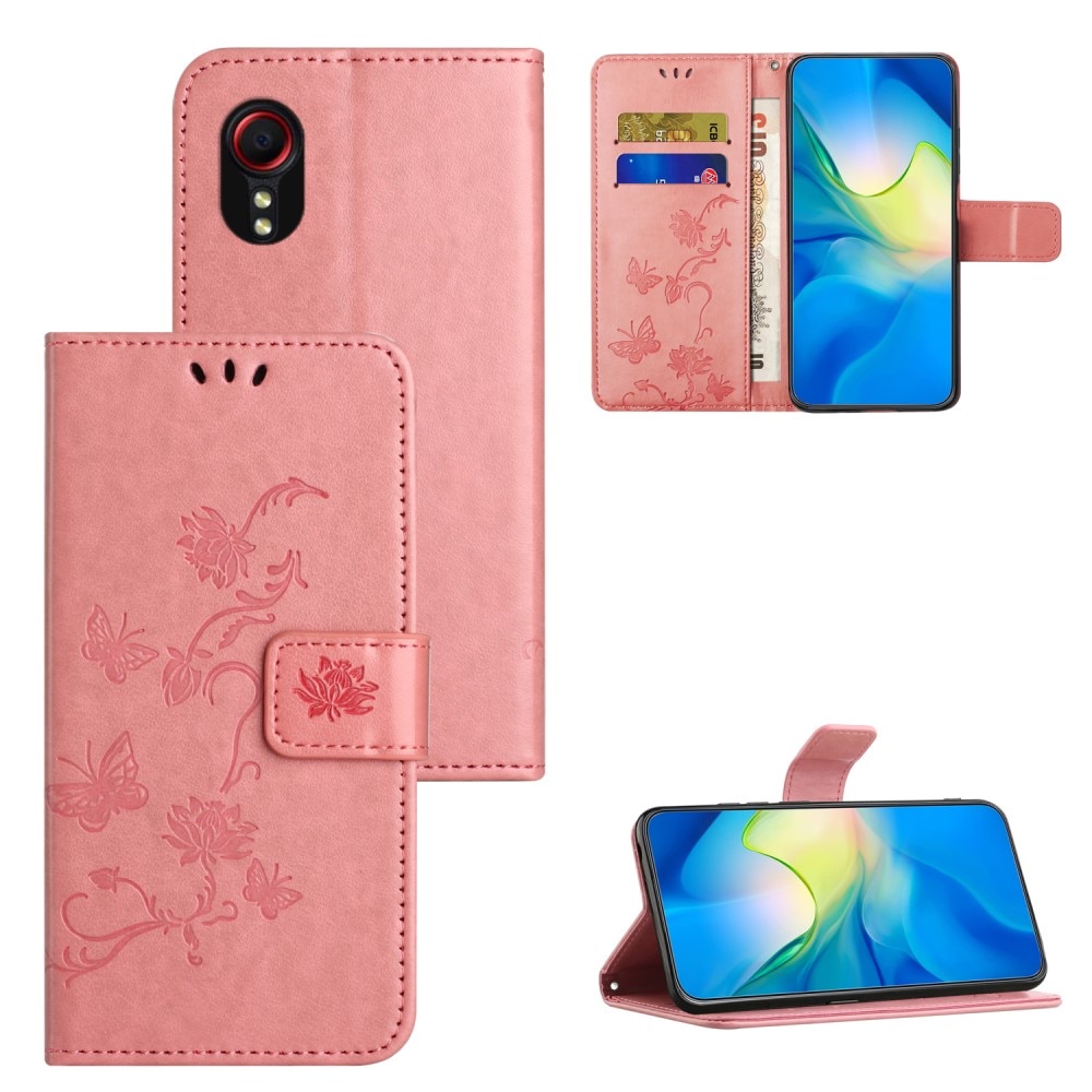 Samsung Galaxy Xcover 7 Leather Cover Imprinted Butterflies Pink