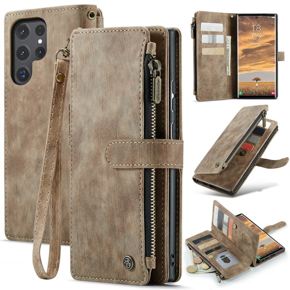 Samsung Galaxy S24 Ultra Zipper Wallet Book Cover Brown