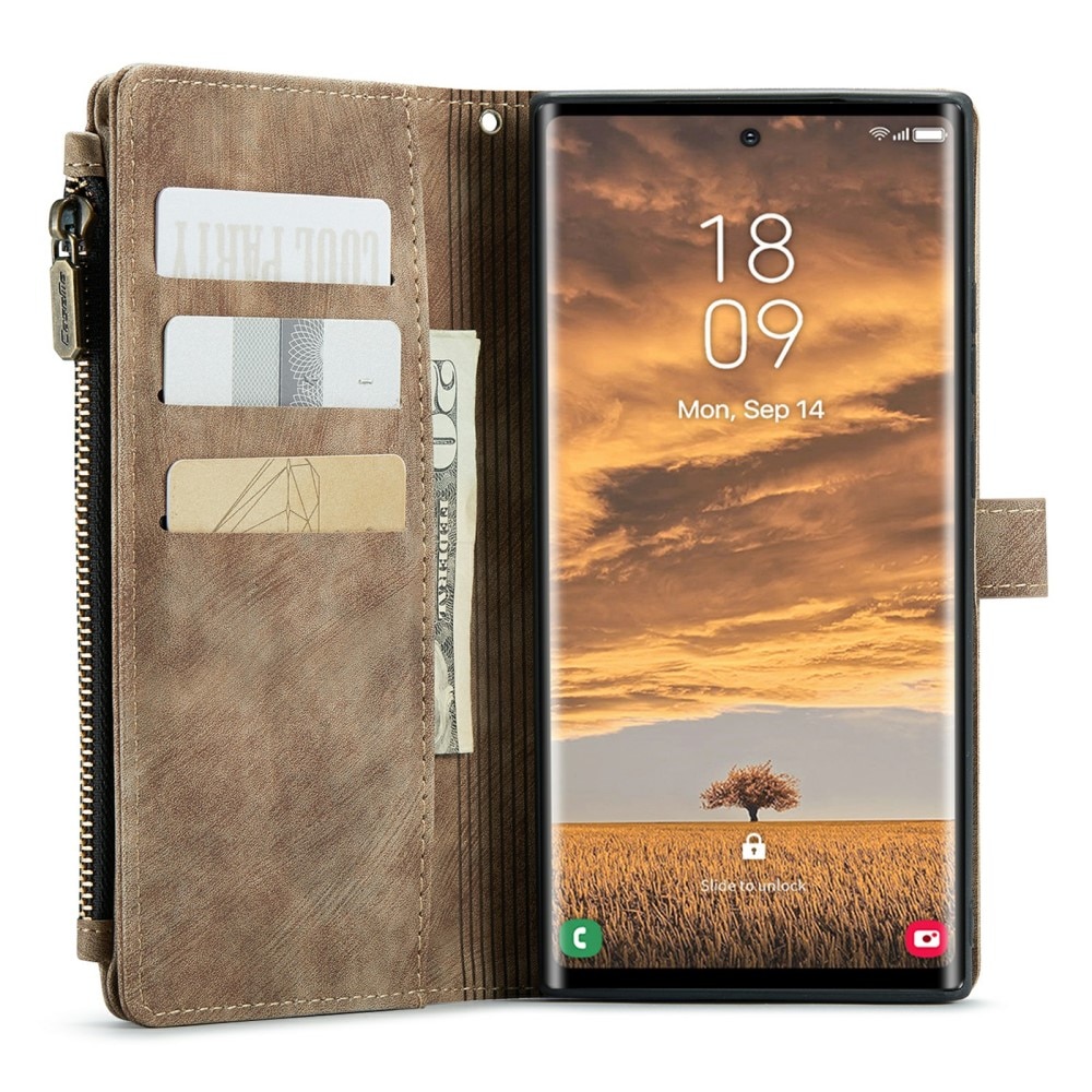 Samsung Galaxy S24 Ultra Zipper Wallet Book Cover Brown