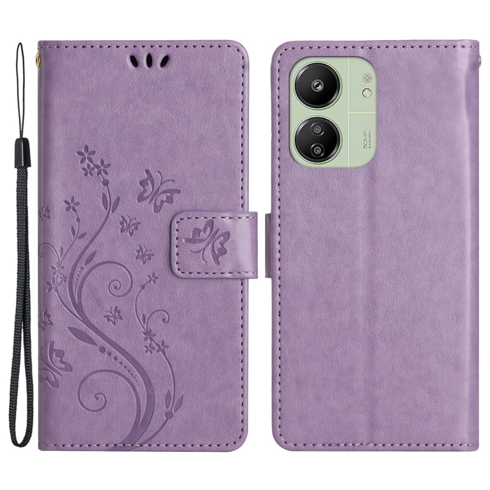 Xiaomi Redmi 13C Leather Cover Imprinted Butterflies Purple