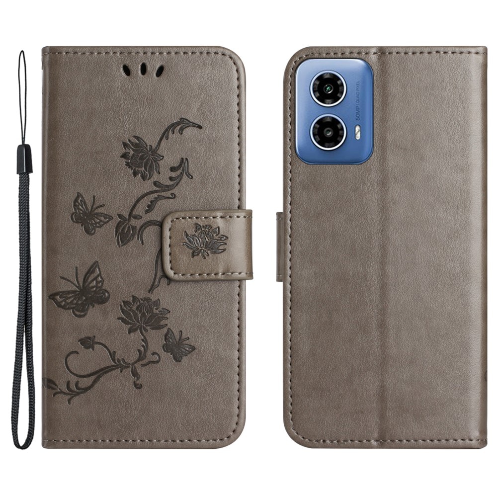 Motorola Moto G24 Leather Cover Imprinted Butterflies Grey