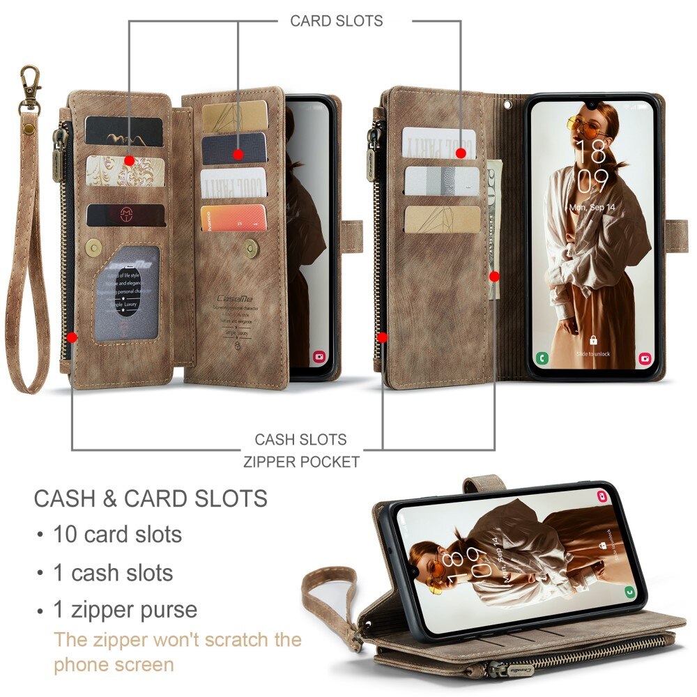 Samsung Galaxy A15 Zipper Wallet Book Cover Brown