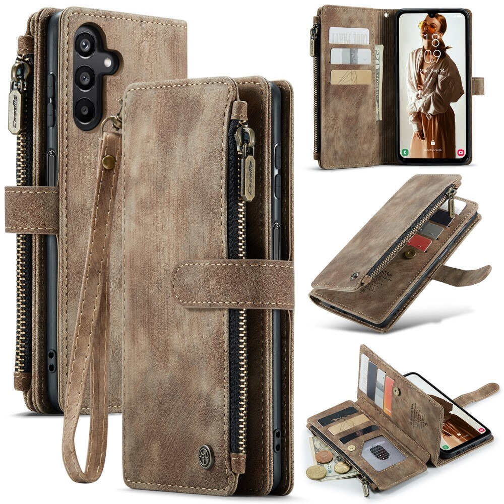 Samsung Galaxy A15 Zipper Wallet Book Cover Brown