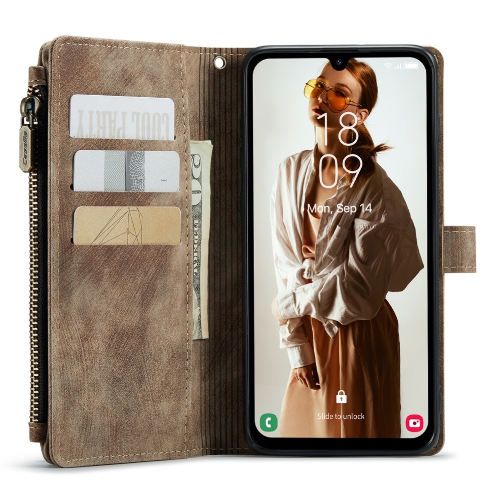 Samsung Galaxy A15 Zipper Wallet Book Cover Brown