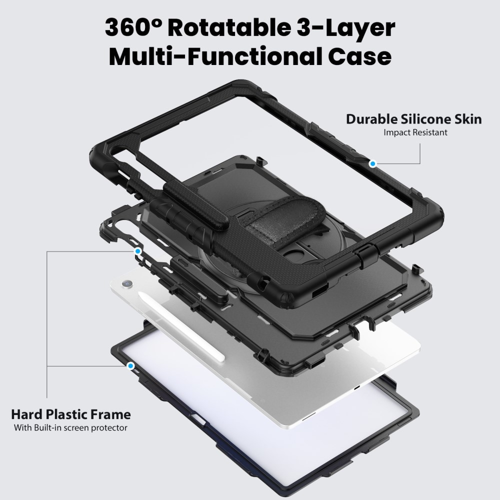 Samsung Galaxy Tab S10 FE Plus Shockproof Full Protection Hybrid Case w. Shoulder Strap Black