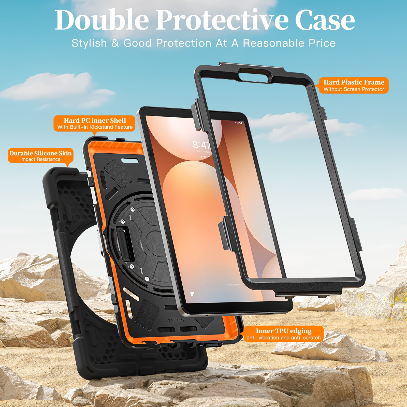 Samsung Galaxy Tab A11 Plus Shockproof Hybrid Case w. Shoulder Strap Black