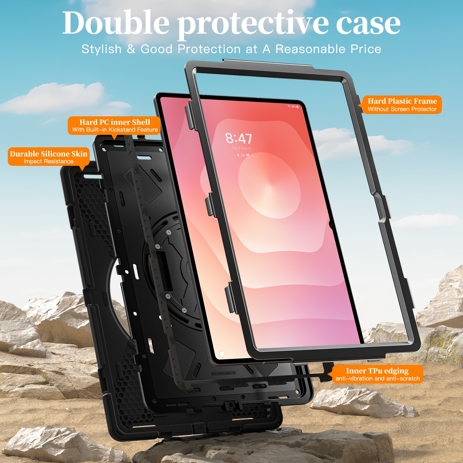 Samsung Galaxy Tab S11 Ultra Shockproof Hybrid Case w. Shoulder Strap Black