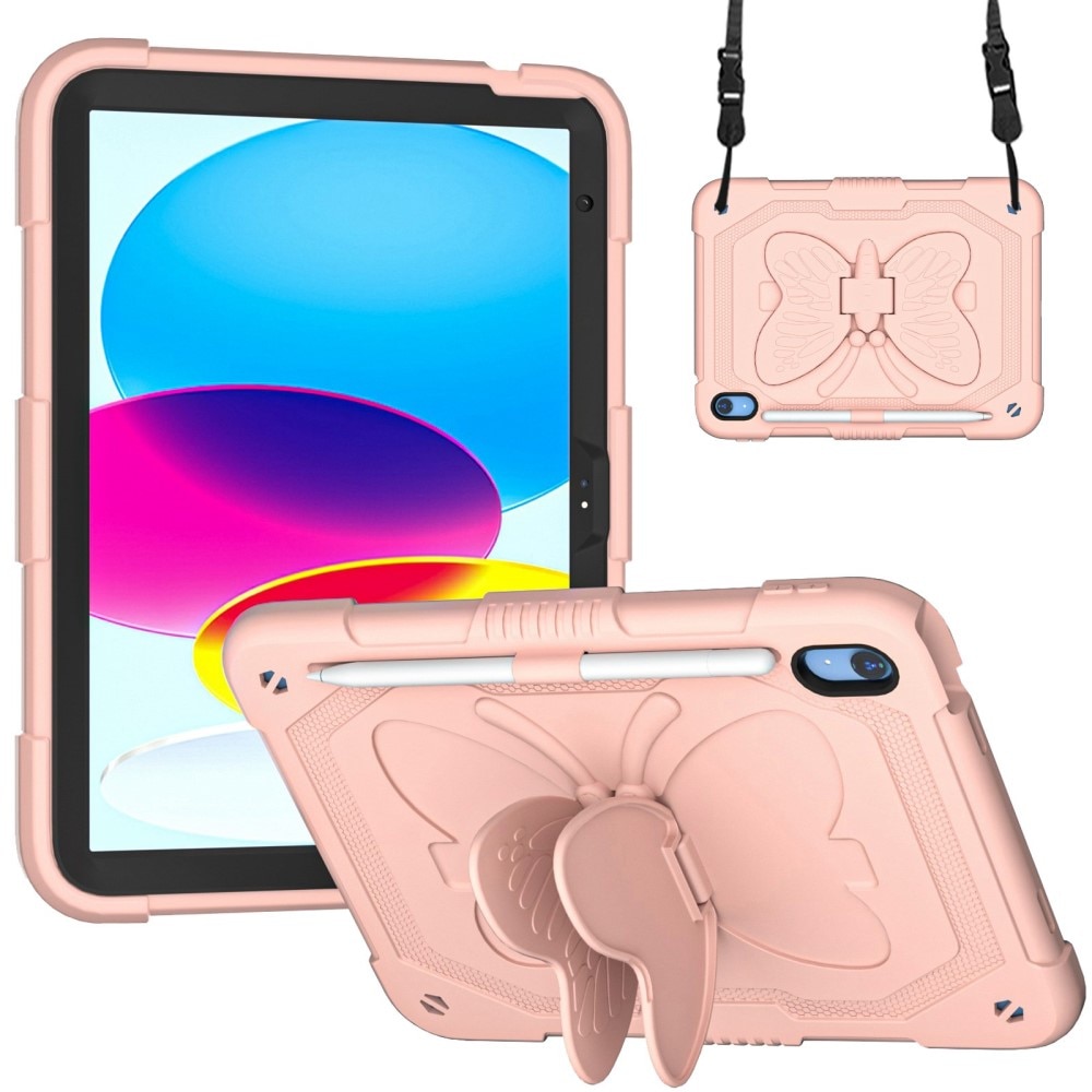 iPad 10.9 10th Gen (2022) Butterfly Hybrid Case w. Shoulder Strap Pink