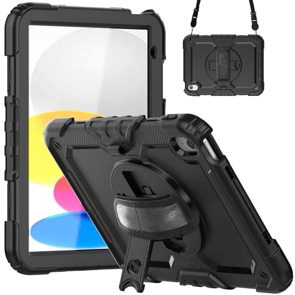 iPad 10.9 10th Gen (2022) Shockproof Full Protection Hybrid Case w. Shoulder Strap Black