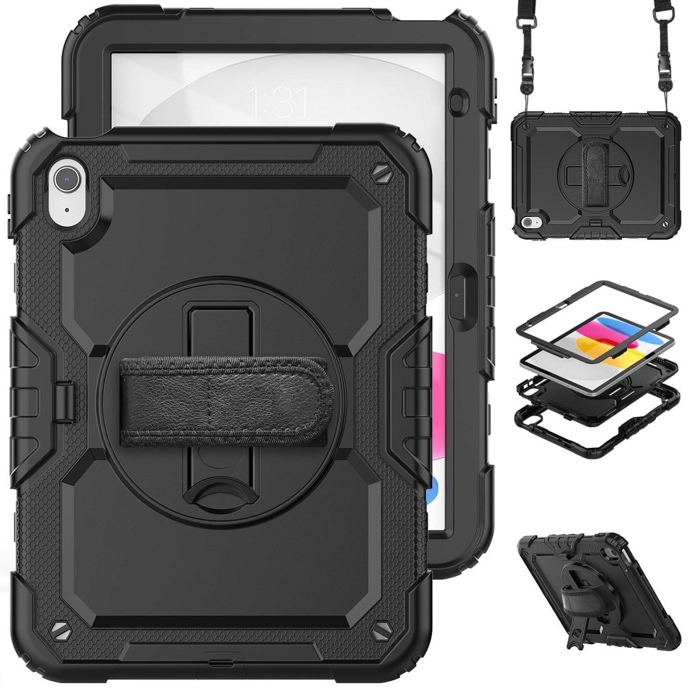 iPad 10.9 10th Gen (2022) Shockproof Full Protection Hybrid Case w. Shoulder Strap Black