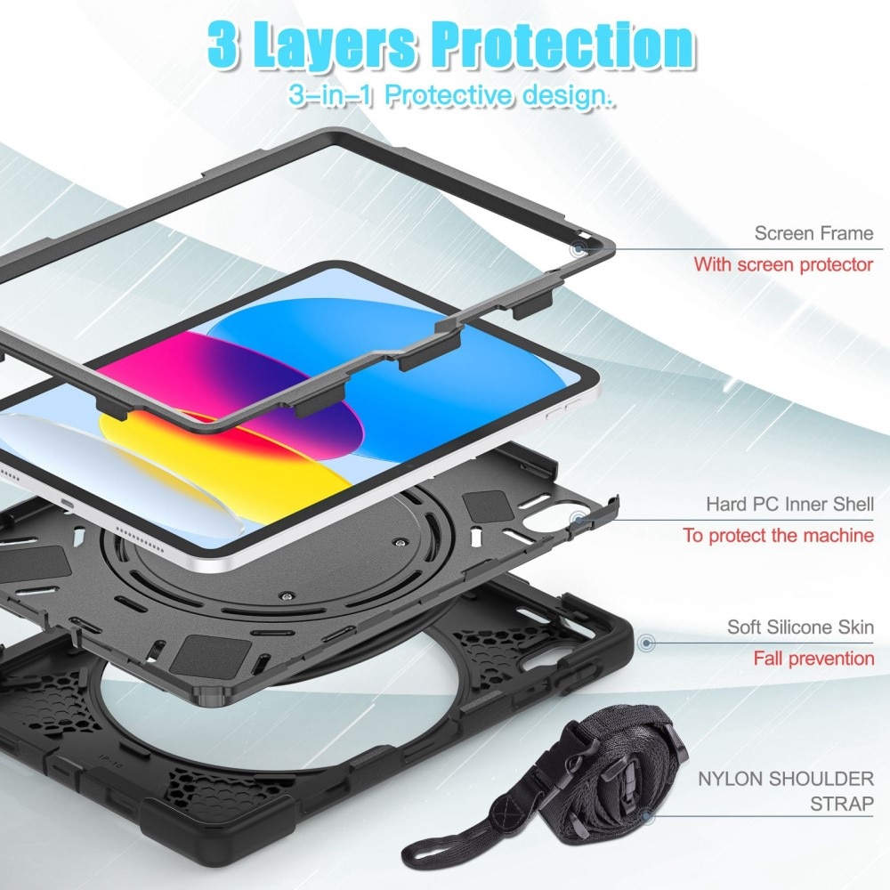 iPad 10.9 10th Gen (2022) Kickstand Hybrid Case w. Shoulder Strap Black