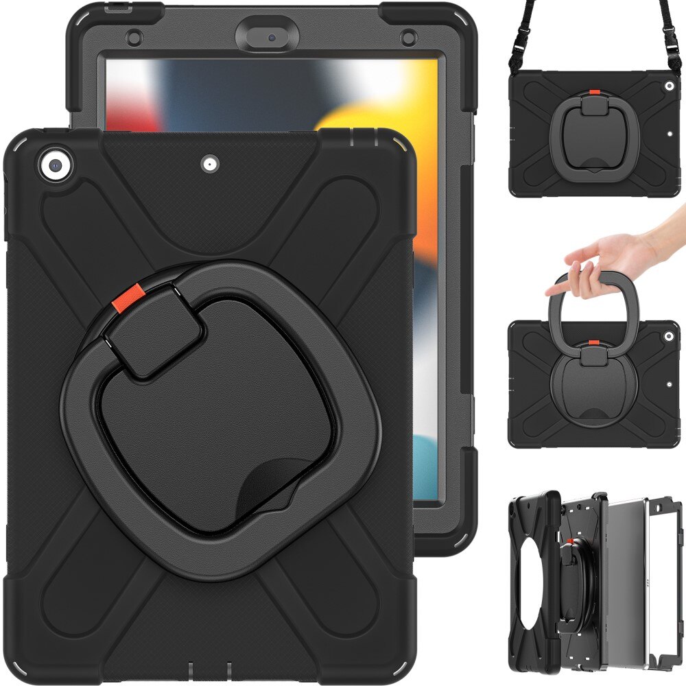 iPad 10.2 9th Gen (2021) Kickstand Hybrid Case w. Shoulder Strap Black