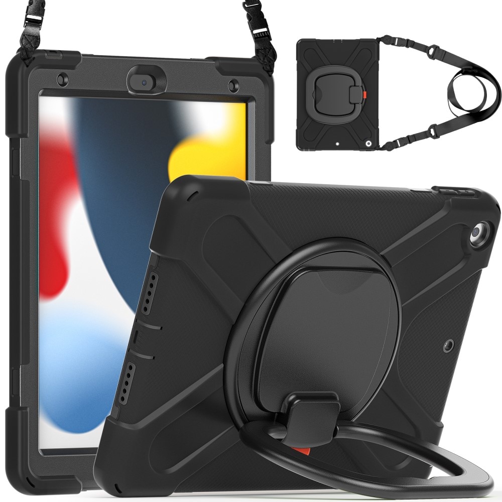 iPad 10.2 9th Gen (2021) Kickstand Hybrid Case w. Shoulder Strap Black