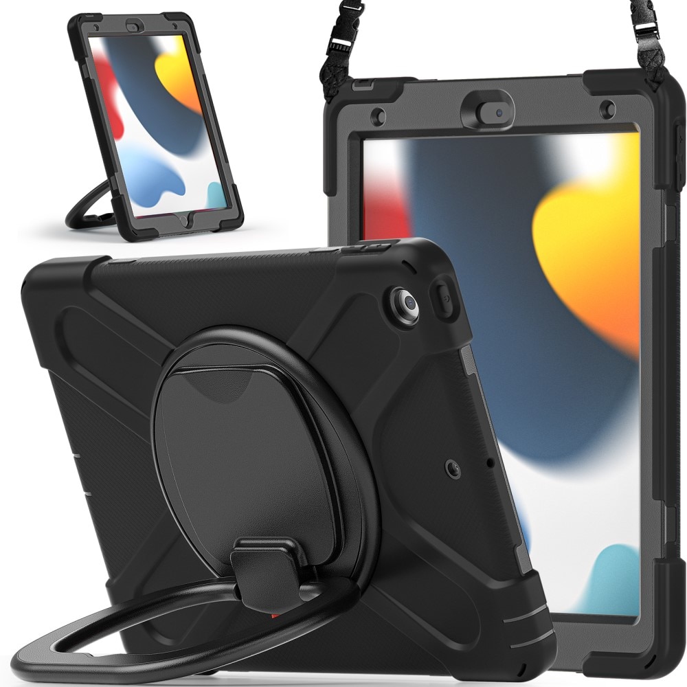 iPad 10.2 9th Gen (2021) Kickstand Hybrid Case w. Shoulder Strap Black