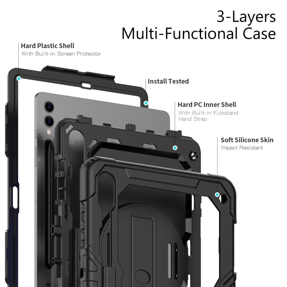 Samsung Galaxy Tab S9 Plus Shockproof Full Protection Hybrid Case w. Shoulder Strap Black