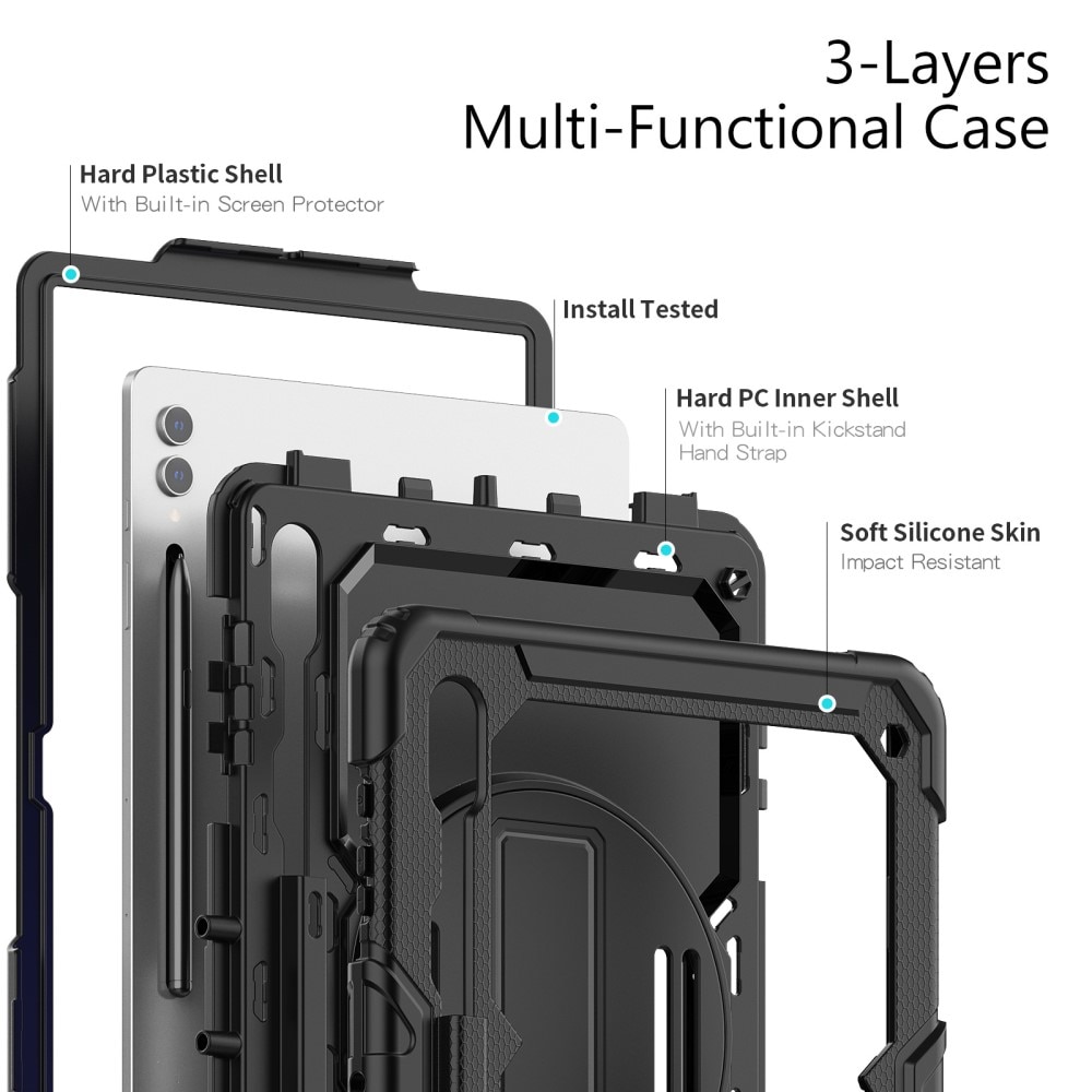 Samsung Galaxy Tab S9 Ultra Shockproof Full Protection Hybrid Case w. Shoulder Strap Black