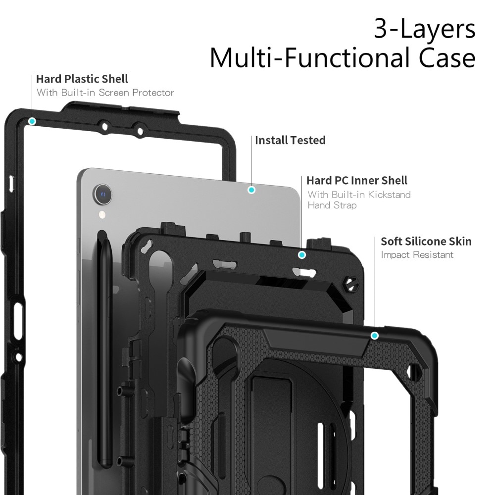 Samsung Galaxy Tab S9 Shockproof Full Protection Hybrid Case w. Shoulder Strap Black