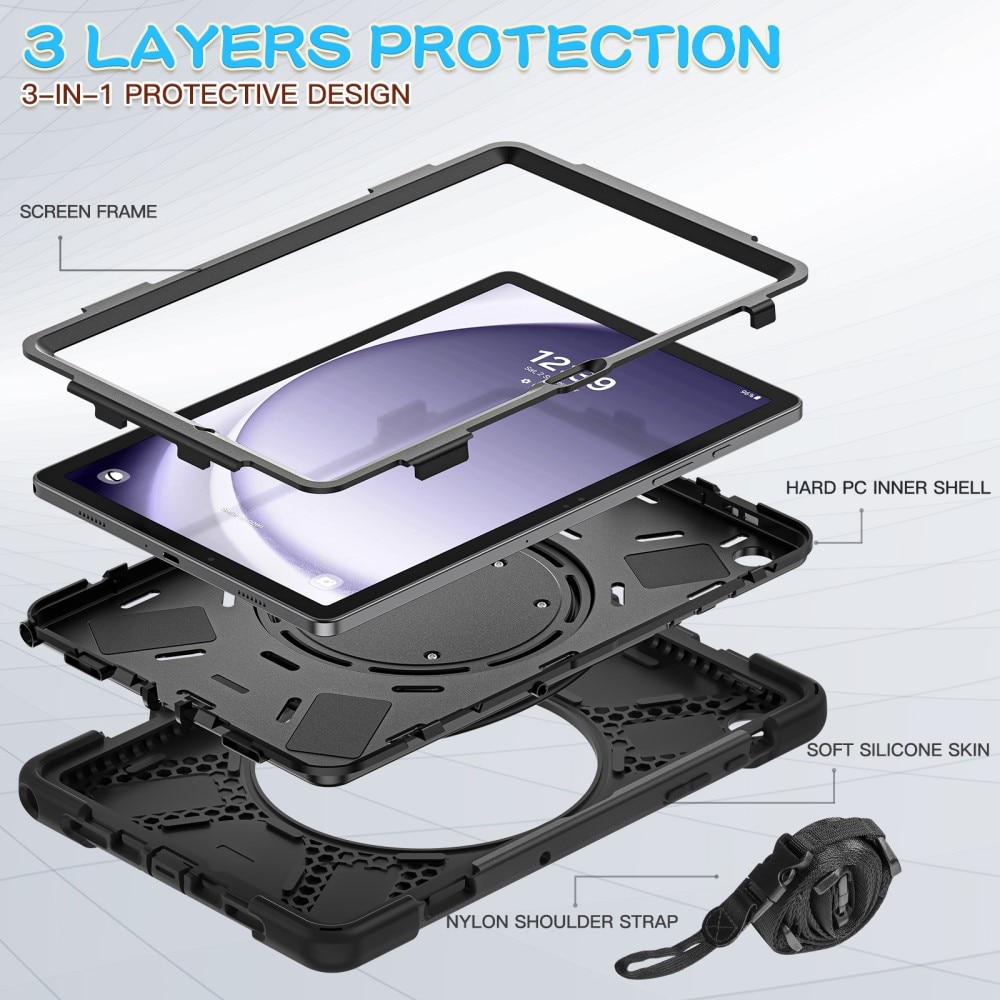 Samsung Galaxy Tab A9 Plus Kickstand Hybrid Case w. Shoulder Strap Black