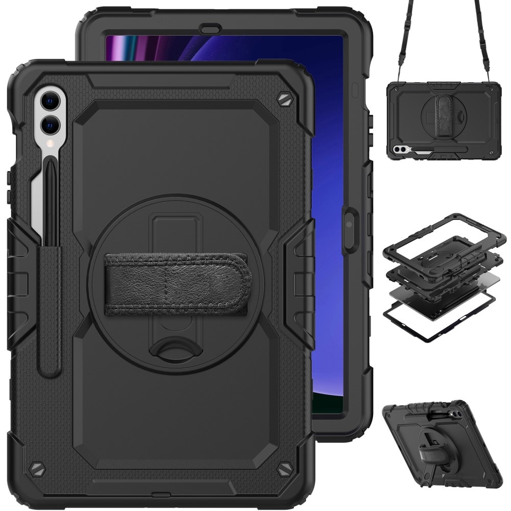 Samsung Galaxy Tab S9 FE Plus Shockproof Full Protection Hybrid Case w. Shoulder Strap Black