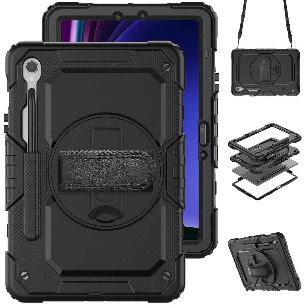 Samsung Galaxy Tab S9 FE Shockproof Full Protection Hybrid Case w. Shoulder Strap Black