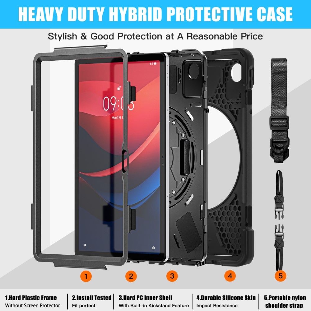 Lenovo Tab M11 Shockproof Hybrid Case w. Shoulder Strap Black