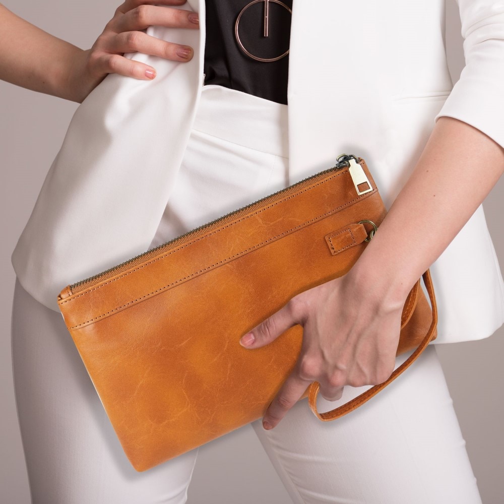 Leather Clutch Wristlet Bag Brown