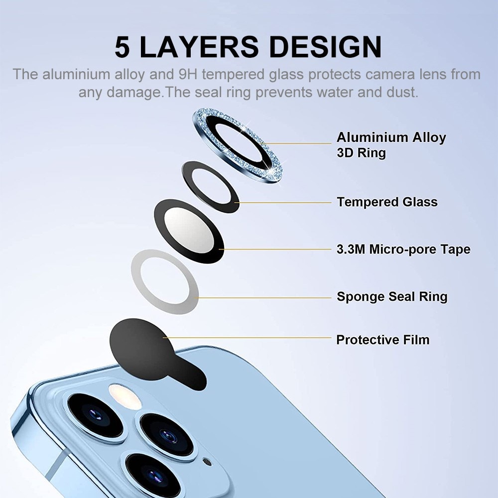 iPhone 15 Pro Max Glitter Aluminium Tempered Glass Lens Protector Light Blue