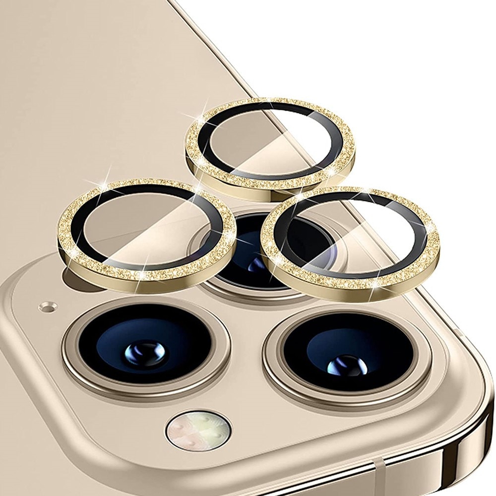 iPhone 15 Pro Max Glitter Aluminium Tempered Glass Lens Protector Gold