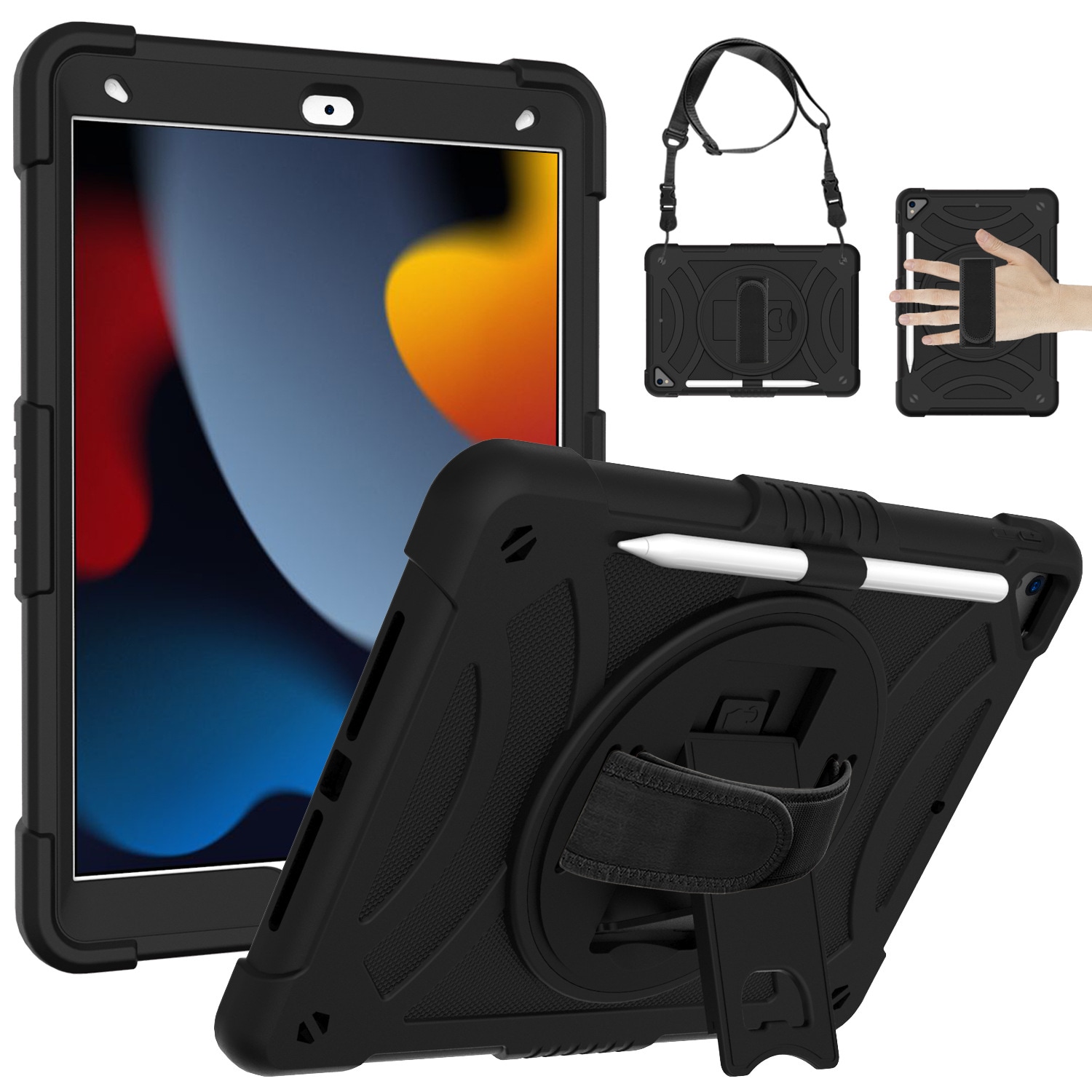 Apple iPad 10.2 7th Gen (2019) Shockproof Hybrid Case w. Shoulder Strap Black