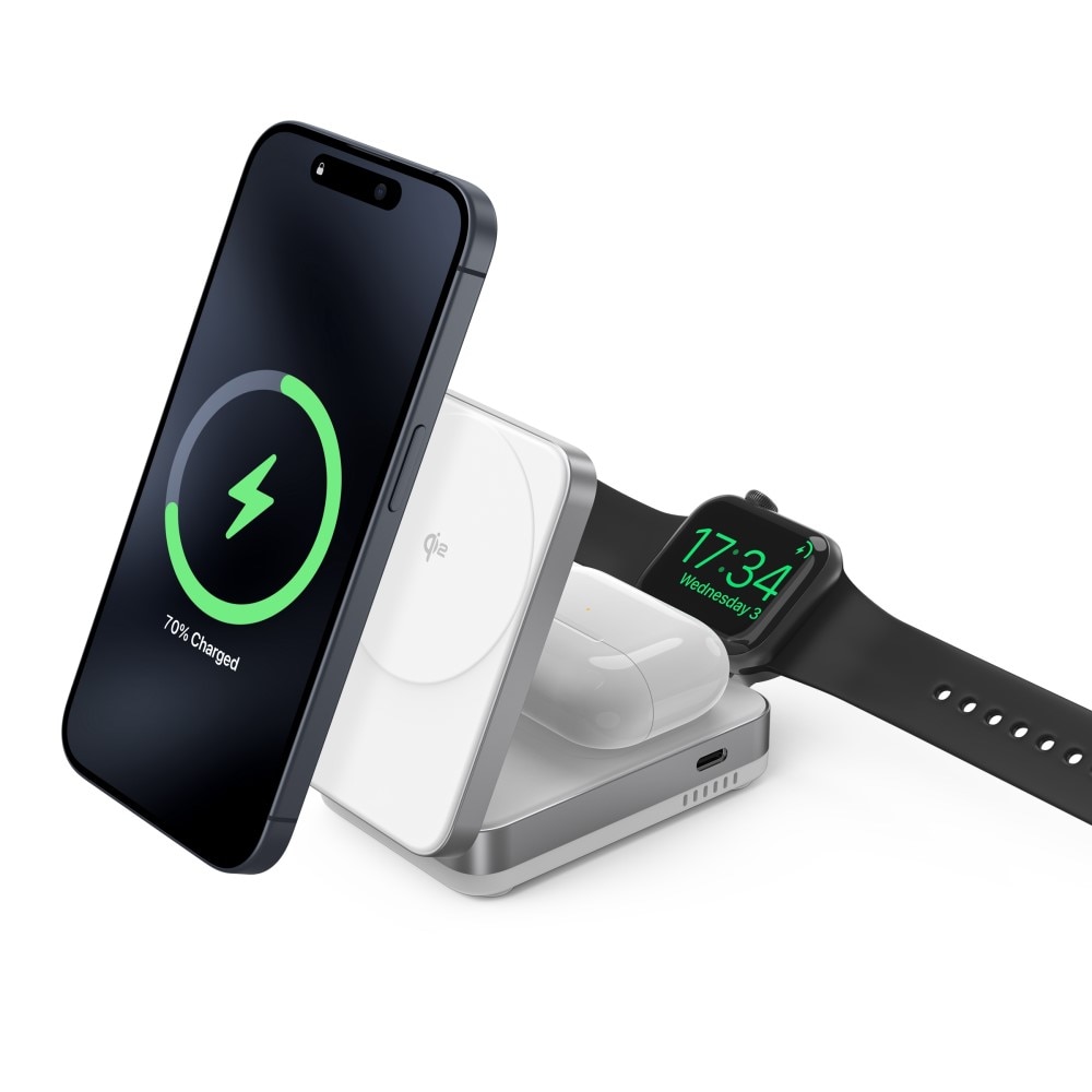 Compact 3-in-1 Qi2 Wireless Magnetic Foldable Charging Station White