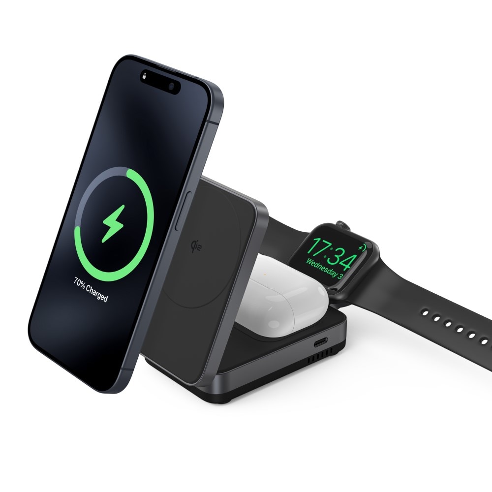 Compact 3-in-1 Qi2 Wireless Magnetic Foldable Charging Station Black