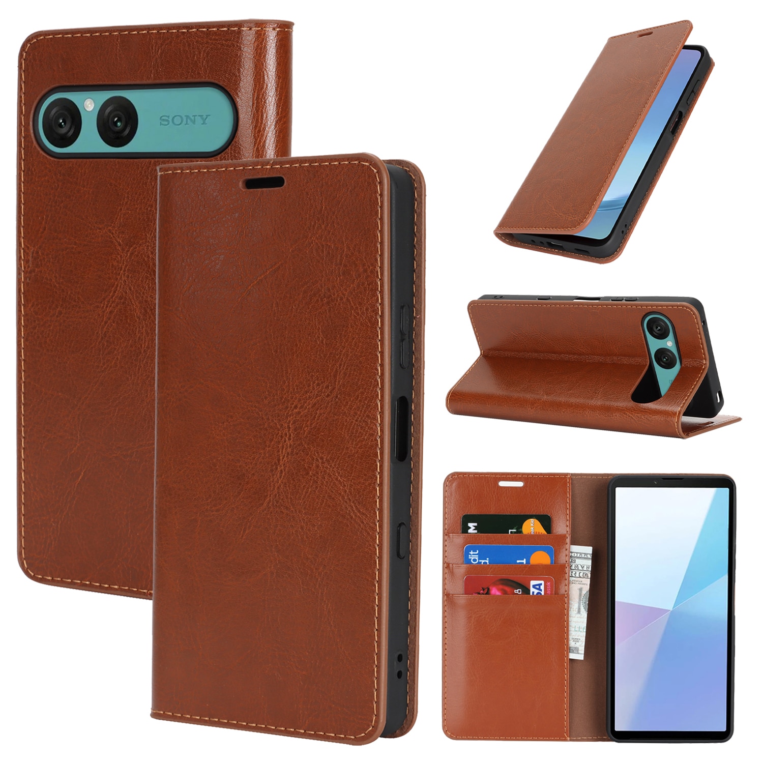 Sony Xperia 10 VII Genuine Leather Wallet Case Brown