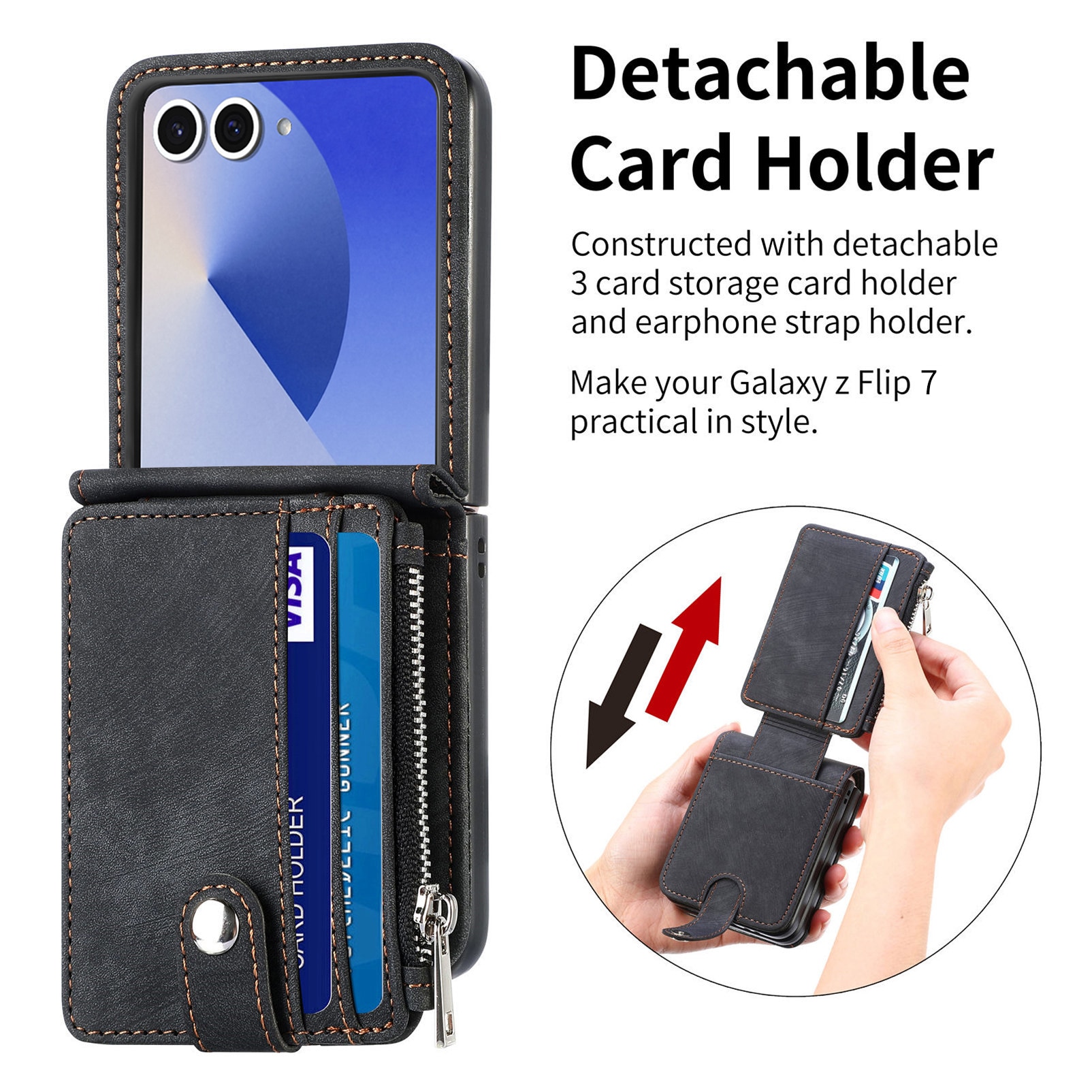 Samsung Galaxy Z Flip 7 Zipper Multi-slot Wallet Case Black