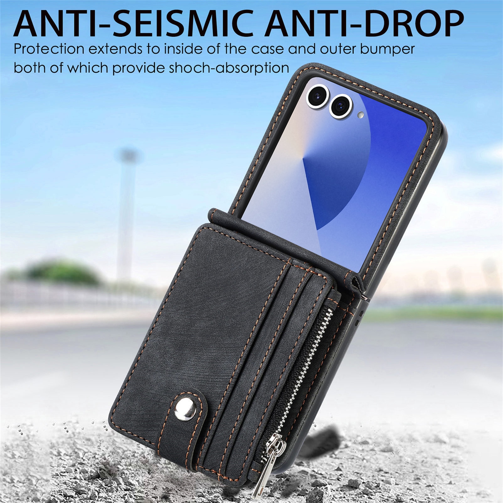 Samsung Galaxy Z Flip 7 Zipper Multi-slot Wallet Case Black