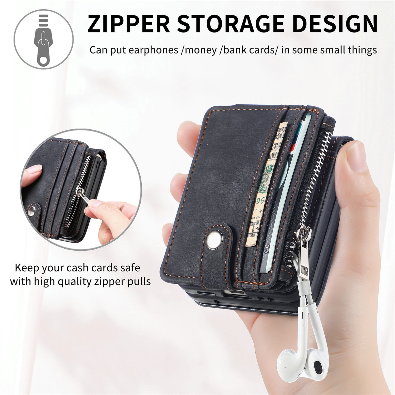 Samsung Galaxy Z Flip 7 Zipper Multi-slot Wallet Case Black