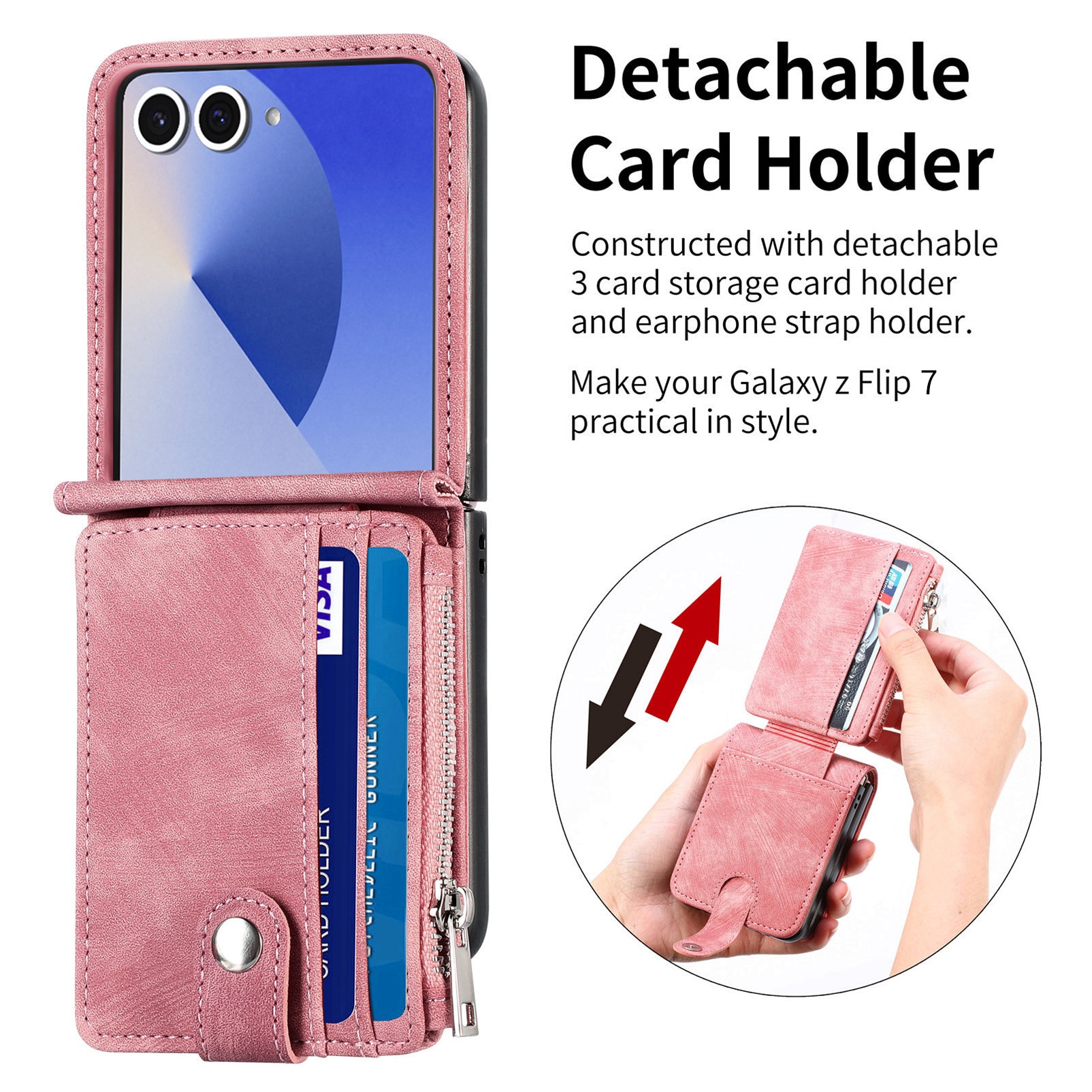 Samsung Galaxy Z Flip 7 Zipper Multi-slot Wallet Case Pink