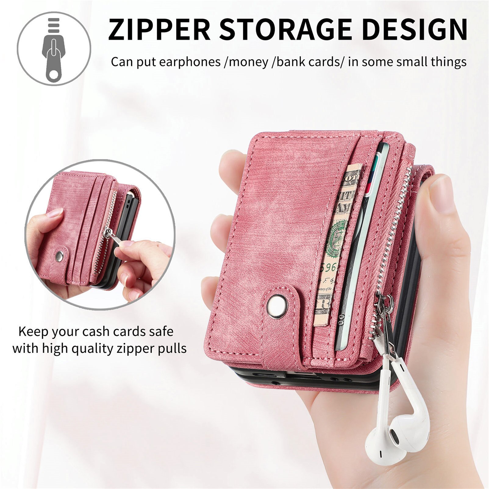 Samsung Galaxy Z Flip 7 Zipper Multi-slot Wallet Case Pink